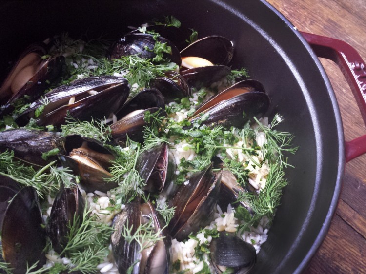 All in one pot, making a delicious meal: mussels, herbs and rice.