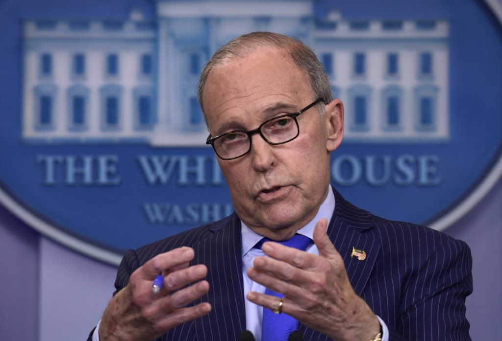 Senior White House economic adviser Larry Kudlow speaks during a briefing at the White House on Wednesday. Kudlow suffered a heart attack Monday, President Trump said on Twitter.