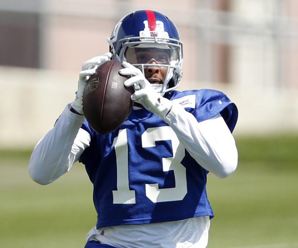 New York Giants wide receiver Odell Beckham makes a catch during practice Tuesday in East Rutherford, N.J.