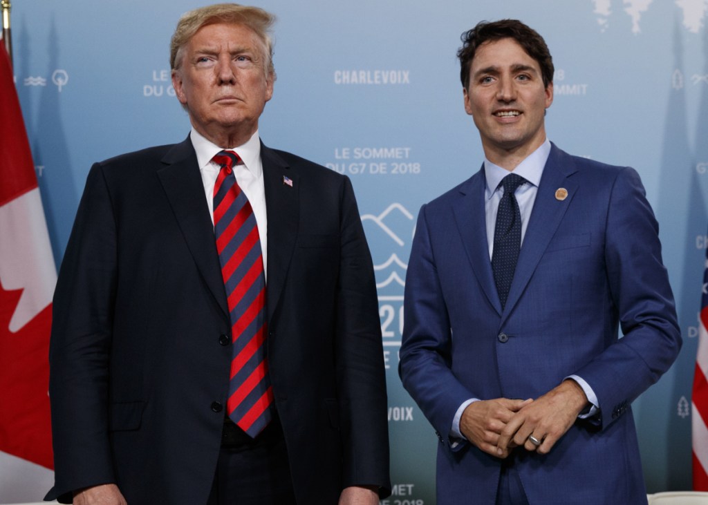 President Trump meets with Canadian Prime Minister Justin Trudeau at the G-7 summit on Friday in Charlevoix, Canada. Polls show wide support for Canada's retaliatory tariffs.