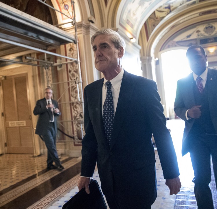 In this June 21, 2017, file photo, special counsel Robert Mueller departs after a closed-door meeting with members of the Senate Judiciary Committee about Russian meddling in the election and possible connection to the Trump campaign, at the Capitol in Washington. As Congress returns to Washington, a web of President Trump's family and associates will be in the crosshairs of committees investigating whether his campaign colluded with Russia last year, as well as of the high-wattage legal team assembled by Mueller. 