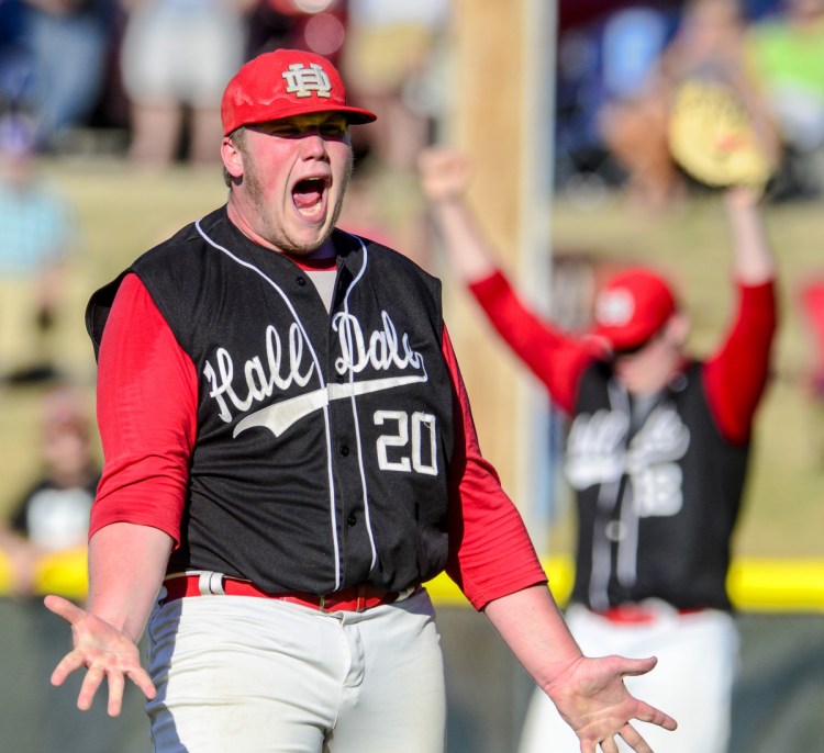 Hall-Dale pitcher Cole Lockhart celebrates 2-1 victory over Houlton in Class C baseball state championship game on Saturday in Standish.