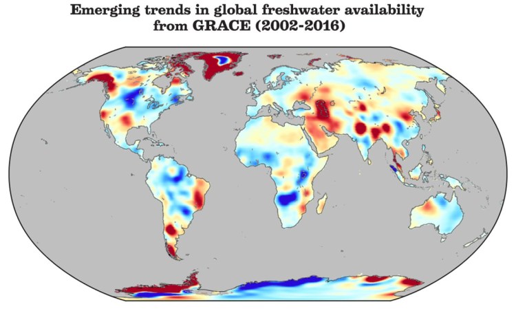 The Earth's fresh water distribution has changed rapidly since 2002. Progressively deeper hues represent the greatest and most problematic rates of change.