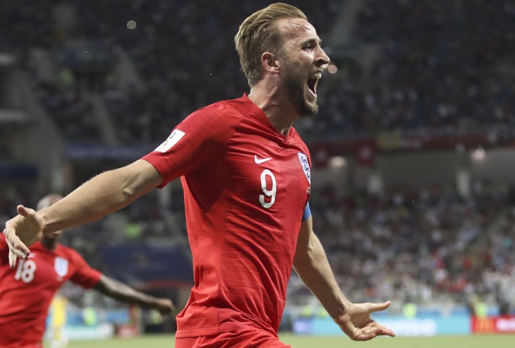 England's Harry Kane celebrates after scoring his side's second goal during the group G match between Tunisia and England at the World Cup on Monday in the Volgograd Arena in Volgograd, Russia.