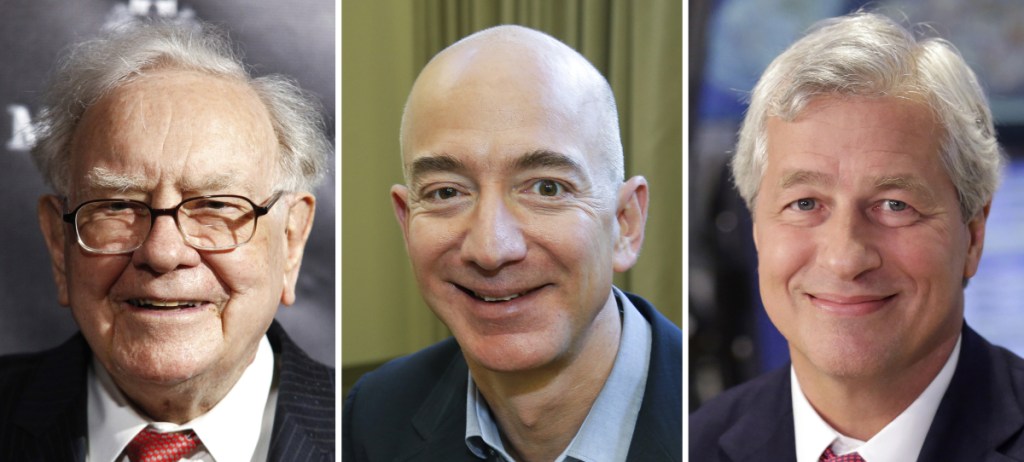 From left, CEOs Warren Buffett of Berkshire Hathaway, Jeff Bezos of Amazon.com and Jamie Dimon of JP Morgan Chase are turning to a Harvard professor to transform the health care they offer their workers.