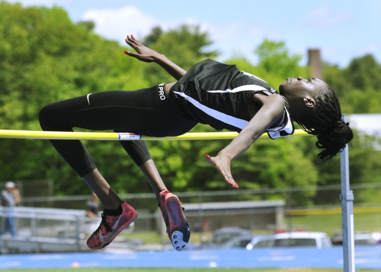 Westbrook's Nyagoa Bayak won the girls' high jump at the Class A track and field state championships in Bath on June 2 with a leap of 5 feet, 11 inches.