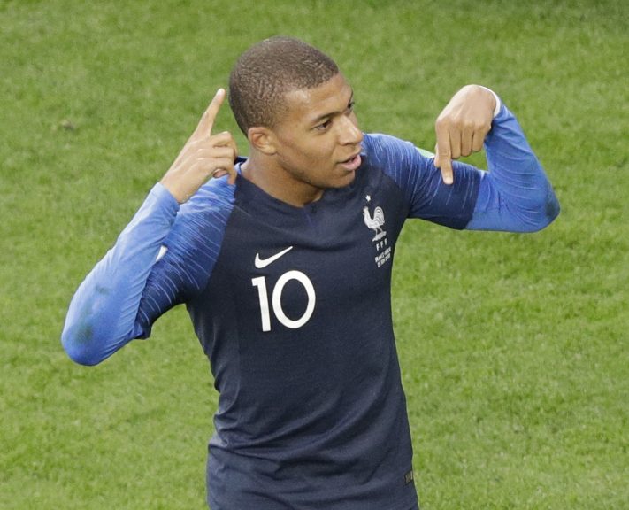 France's Kylian Mbappe celebrates after scoring in a 1-0 win over Peru Thursday in Yekaterinburg, Russia.