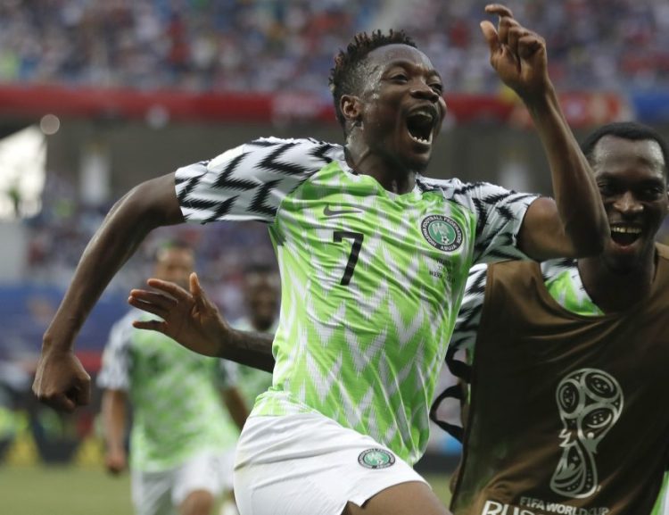 Nigeria's Ahmed Musa celebrates his second goal during Friday's 2-0 win over Iceland on Friday in Volgograd, Russia.