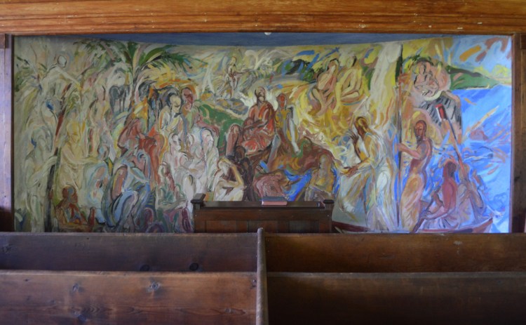 The center panel on the east wall, by Ashley Bryan, depicts the Parable of the Sower.