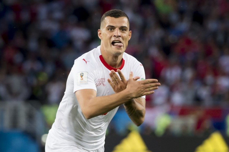 Switzerland's Granit Xhaka celebrates after scoring his side's first goal during the Group E match between Switzerland and Serbia at the World Cup on Friday in the Kaliningrad Stadium in Kaliningrad, Russia.
