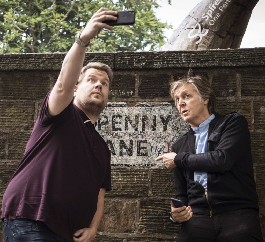 James Corden, left, and Paul McCartney take a selfie in Liverpool on Thursday's "The Late Late Show with James Corden."