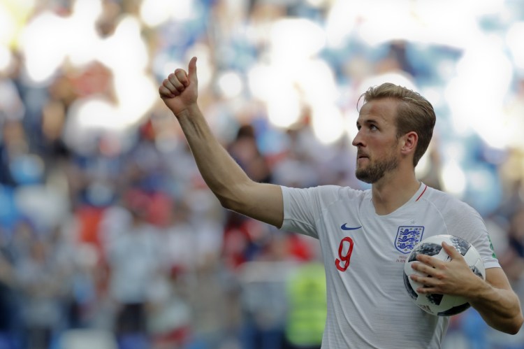 England's Harry Kane celebrates his team's 6-1 victory at the end of their group G match against Panama at the 2018 World Cup in Nizhny Novgorod, Russia on Sunday.