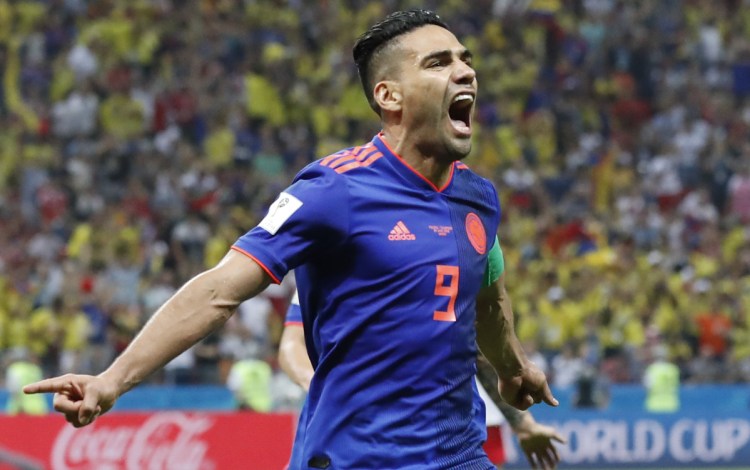 Colombia's Radamel Falcao celebrates after scoring during a Group H match between Poland and Colombia on Sunday at the Kazan Arena in Kazan, Russia. Colombia won 3-0.