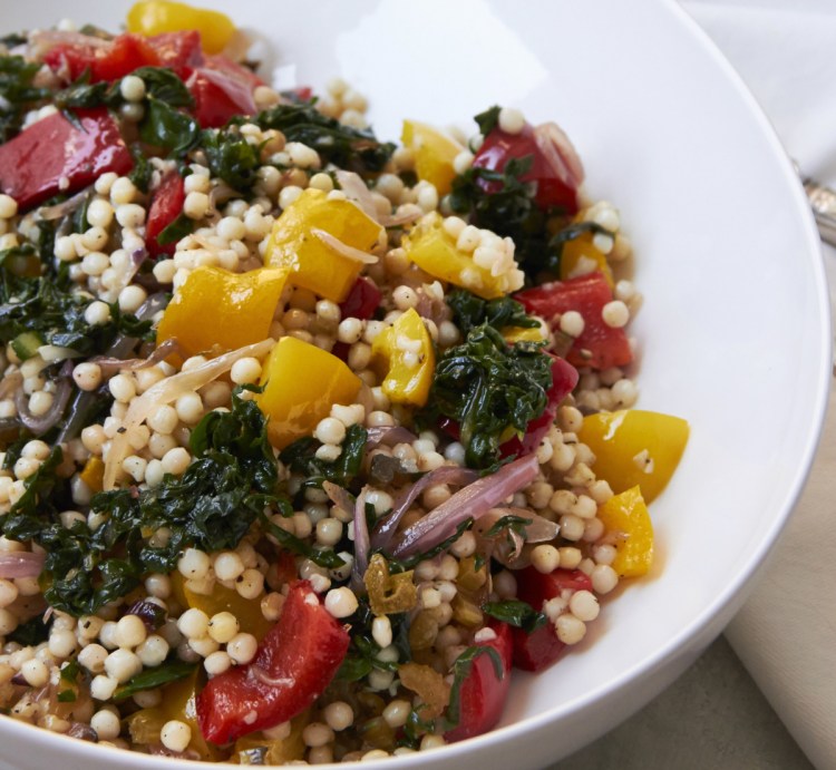 Israeli couscous, chard and bell peppers. Couscous makes a great base for a salad or side.