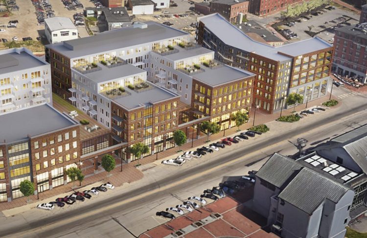 A rendering of the approved Hobson's Landing development, which would replace the former Rufus Deering Lumber site with a hotel and condos at 383 Commercial St.