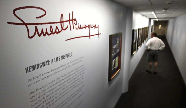A visitor views the "Ernest Hemingway: A Life Inspired" exhibition at the John F. Kennedy Presidential Library and Museum in Boston on Thursday.