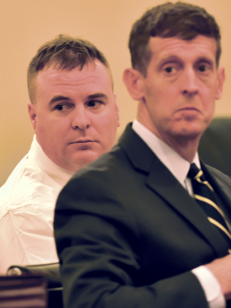 Jeremy Clement, left, watches with his attorney, Walter McKee, as witnesses approach the stand May 21 during the first day of Clement's trial on charges of attempted murder in Kennebec County Superior Court. Clement is scheduled to be sentenced Monday.