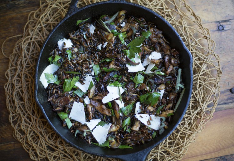 Warm Wild Rice Salad with Mushrooms, Herbs and Aged Goat Cheese.