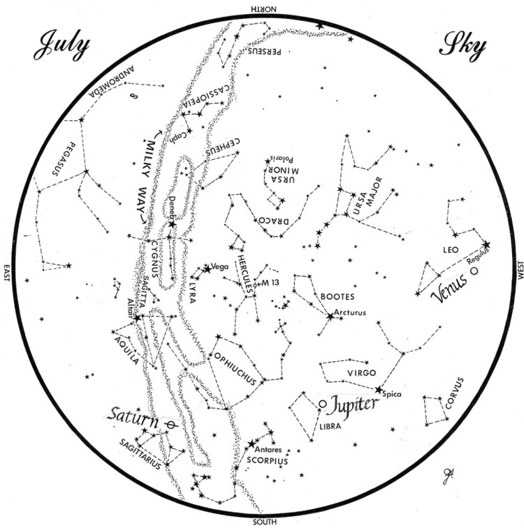 SKY GUIDE: This chart represents the sky as it appears over Maine during July. The stars are shown as they appear at 10:30 p.m. early in the month, at 9:30 p.m. at midmonth and at 8:30 p.m. at month's end. Saturn, Jupiter and Venus are shown in their midmonth positions. To use the map, hold it vertically and turn it so –the direction you are facing is at the bottom.