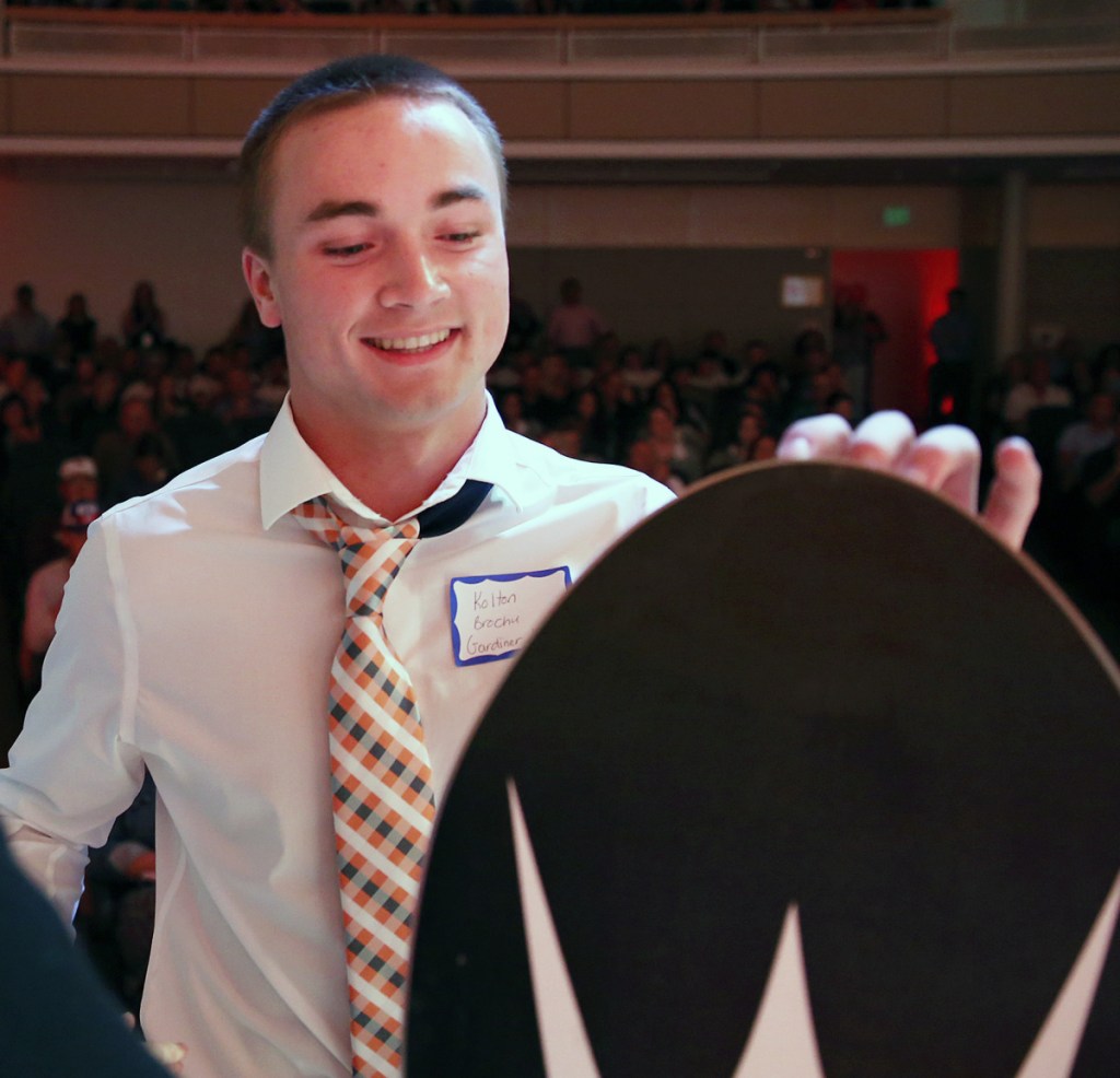 Kolton Brochu of Gardiner received the Beyond the Box Score award at the Varsity Maine Awards in recognition for his success as a football and baseball player while dealing with Type 1 diabetes.