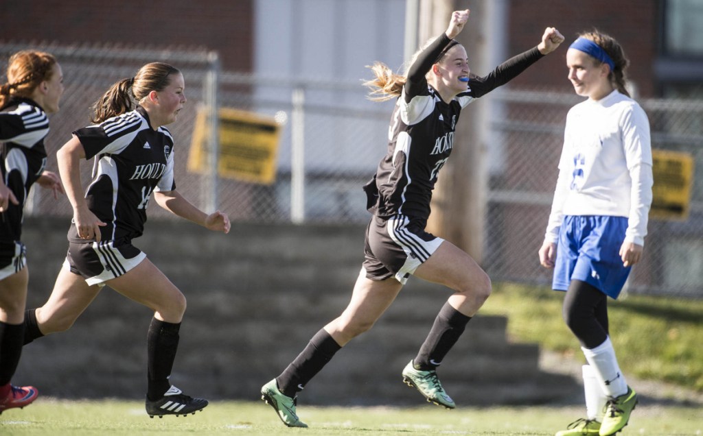 Houlton's Kolleen Bouchard celebrates after she scored a goal in the second half of the Class C girls' soccer state championship game last fall against Madison.