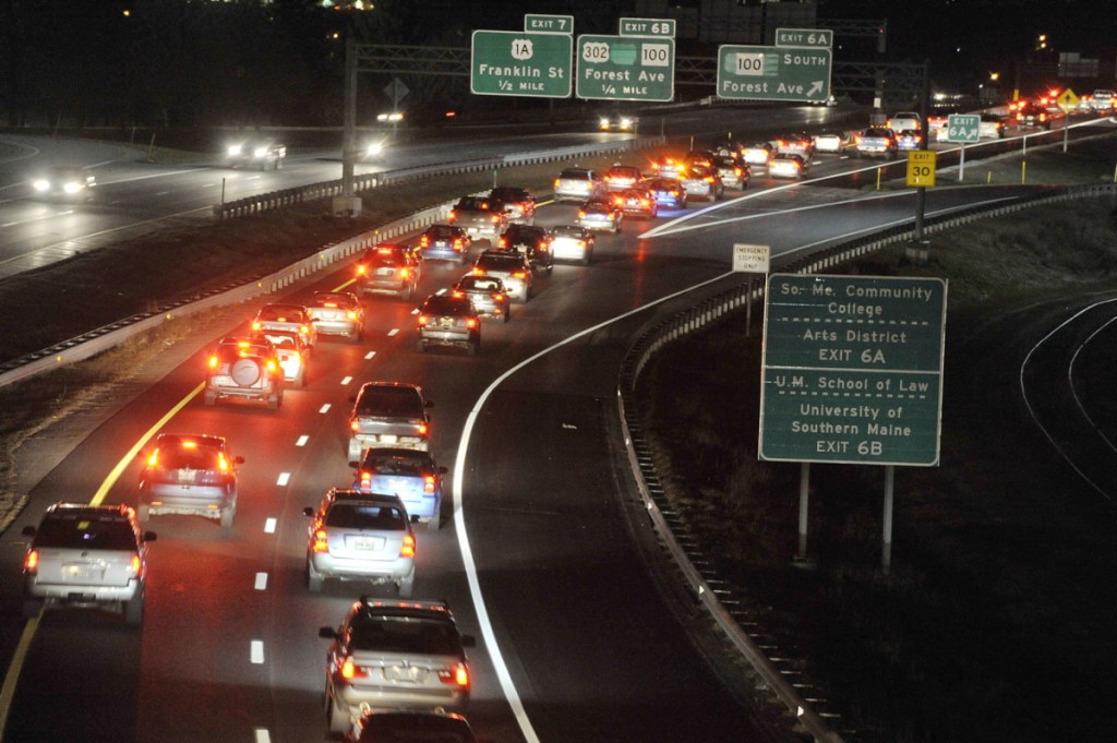 Northbound traffic on Interstate 295 backs up near a rush-hour accident in Portland in 2013. Adding lanes along I-295 "would be folly," says a reader, since the city's streets couldn't handle the extra traffic they would bring.