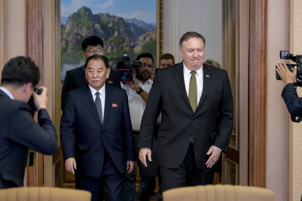 U.S. Secretary of State Mike Pompeo, right, and Kim Yong Chol, left,  in Pyongyang, North Korea, on Saturday.