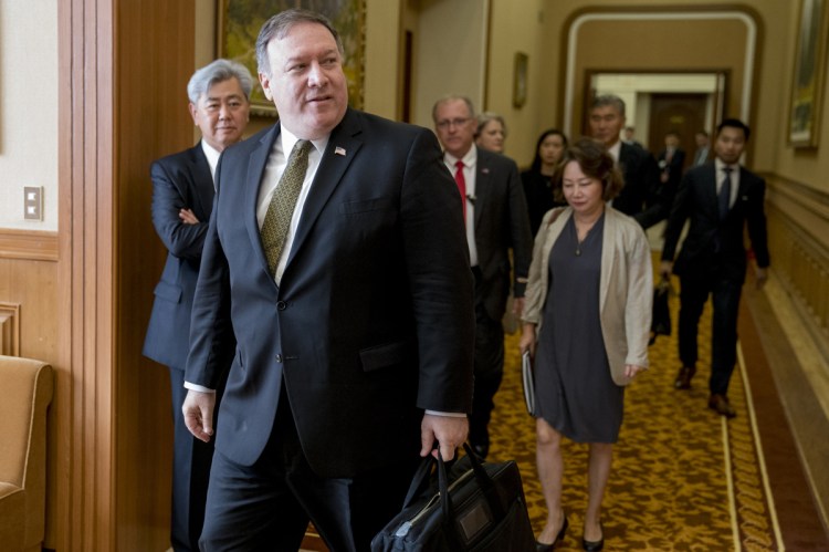 Secretary of State Mike Pompeo arrives for a meeting with Kim Yong Chol, a North Korean senior ruling party official and former intelligence chief, for a second day of talks in Pyongyang, North Korea on Saturday. Pompeo is on a trip traveling to North Korea, Japan, Vietnam, Abu Dhabi, and Brussels.