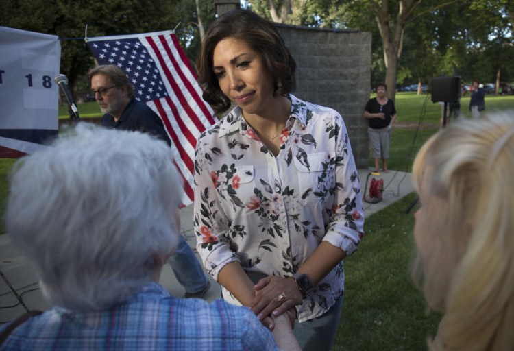 Democratic gubernatorial candidate Paulette Jordan greets attendees during the Idaho District 18 Democrats Campaign Kickoff BBQ on June 28 in Boise, Idaho. If she pulls off an upset against Lt. Gov. Brad Little in November, Jordan will be the first Native American governor of a U.S. state.