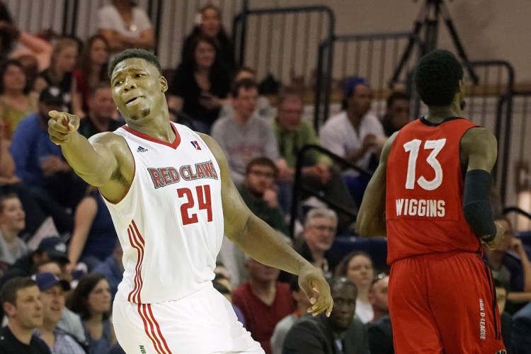 PORTLAND, ME - APRIL 16: Guerschon Yabusele of the Red Claws points back to teammate Malcolm Miller (not pictured) after a miscommunication between the two resulted in a second half turnover during a loss to the 905 Raptors in an NBA D-League playoff game Sunday, April 16, 2017. (Staff Photo by Gabe Souza/Staff Photographer)