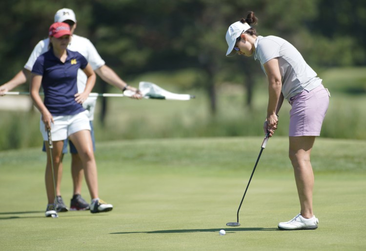 Shannon Johnson of Norton, Massachusetts, posted the lowest score during each round of the New England Women's Amateur golf championship at The Woodlands Club in Falmouth. (Staff photo by Gregory Rec/Staff Photographer)