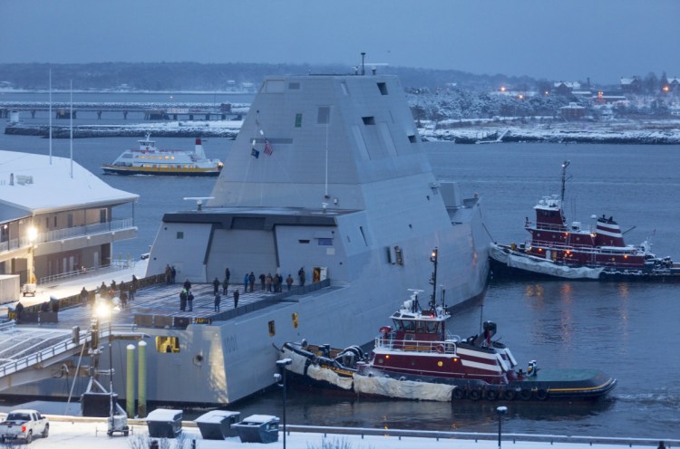 The future USS Michael Monsoor from Bath Iron Works docks in Portland Harbor in January 2018 as part of its sea trials.