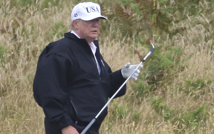 President Trump plays golf Saturday at his Turnberry golf club in Scotland, where he is spending the weekend.