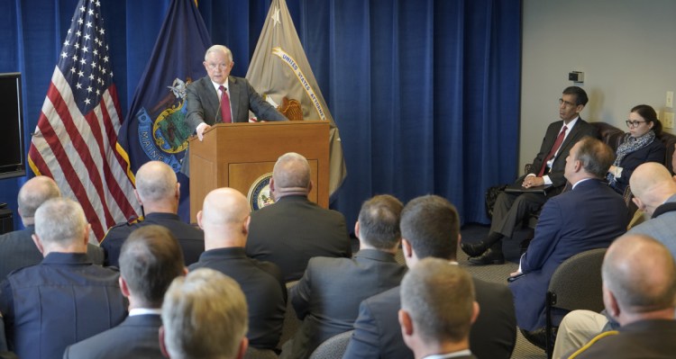 U.S. Attorney General Jeff Sessions speaks to local law enforcement officers in Portland on Friday on his approach to the opioid epidemic. On the same day, a local treatment center closed for lack of federal funding.