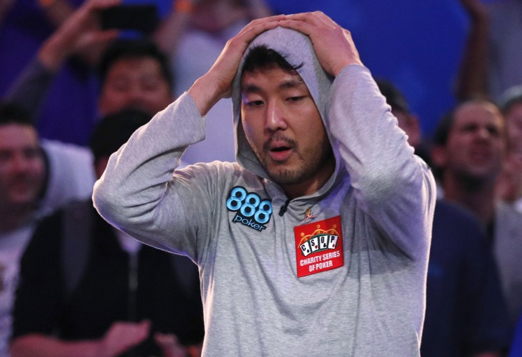 John Cynn reacts after winning the World Series of Poker main event Sunday in Las Vegas.