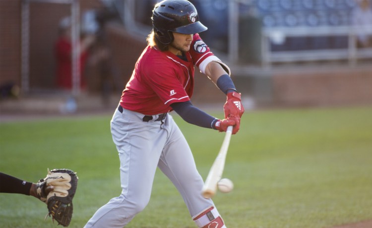 PORTLAND, ME -  JULY 13: New Hampshire Fisher Cats shortstop Bo Bichette (5) makes a play while up to bat during a game against the Sea Dogs at Hadlock Field. (Staff photo by Brianna Soukup/Staff Photographer)