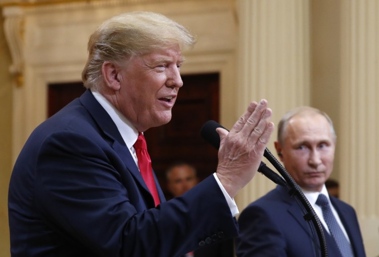 President Trump and Russian President Vladimir Putin hold a news conference Monday after their meeting in Helsinki, Finland. A letter writer says it's time to get rid of the Russian agent Trump.