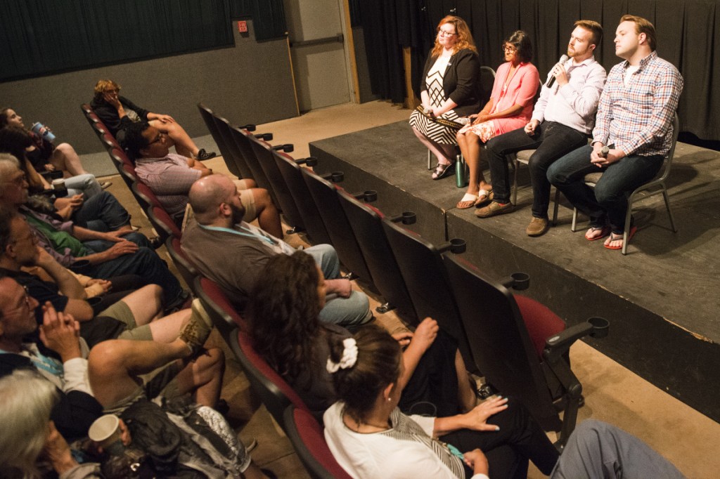 From left, Rep. Colleen Madigan, D-Waterville; Oamshri Amarasingham, policy director at the ACLU of Maine; Rep. Ryan Fecteau, D-Biddeford; Rep. Matthew Moonen, D-Portland and director of Equality Maine, speak during a panel discussion Tuesday at Railroad Square Cinemas in Waterville after a screening of the film "The Miseducation of Cameron Post" at the Maine International Film Festival. The film addresses conversion therapy, a practice that attempts to change a person's sexual orientation or gender identity.