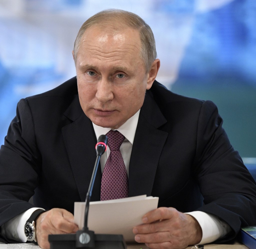 Russian President Vladimir Putin speaks during a meeting with local officials in Kaliningrad, Russia, on Friday.