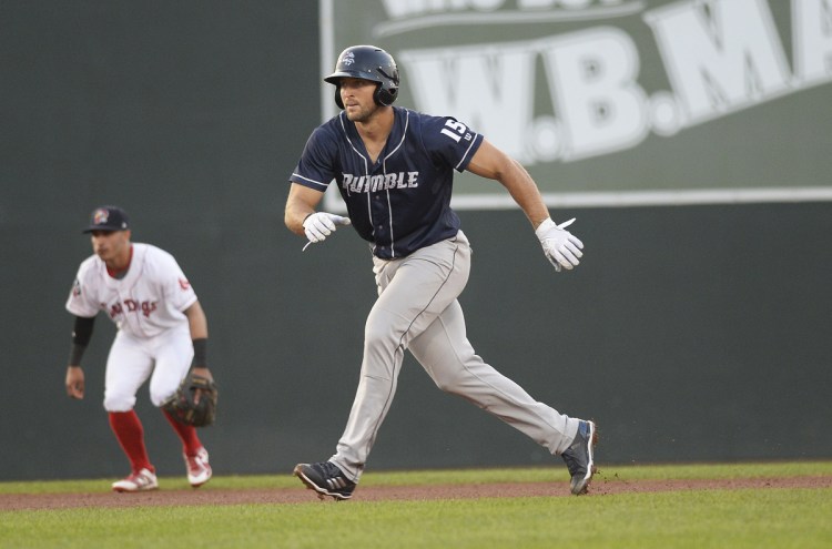 Tim Tebow of the Binghamton Rumble Ponies takes a lead on second base at against the Sea Dogs at Portland's Hadlock Field on July 2. Tebow is having surgery Tuesday after breaking a bone in his right hand, (Staff photo by Shawn Patrick Ouellette/Staff Photographer)