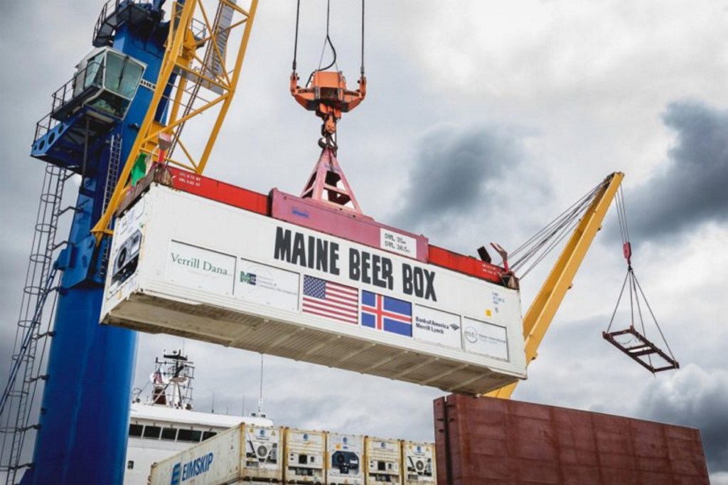 The Maine Beer Box being hoisted by a crane at the International Marine Terminal in Portland onto an Eimskip ship before sailing to Reykjavik in June 2017.