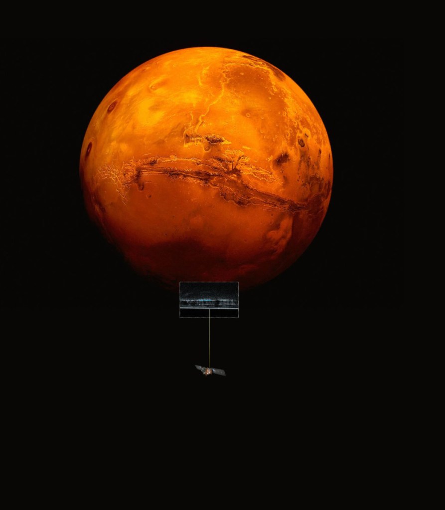 An artist's impression of the Mars Express spacecraft probing the southern hemisphere of the planet.