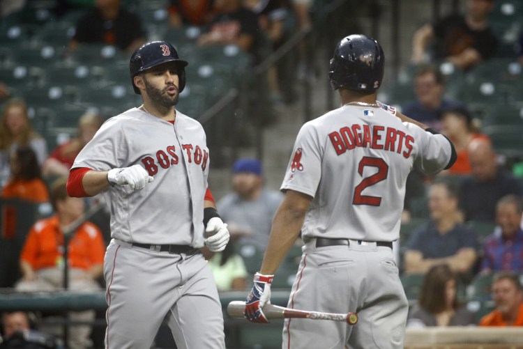 Bosto's J.D. Martinez, left, celebrates with Xander Bogaerts after hitting a solo home run in the first inning Wednesday against Baltimore, but all the stats were washed away, along with the game, when rain forced a postponement.
