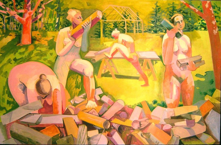 "Four Nudes and Woodpile 2" 2001 oil on linen, 44 x 68 inches, by Lois Dodd