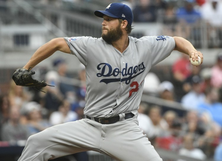 Clayton Kershaw of the Los Angeles Dodgers delivers a pitch Friday night in the first inning of a 4-1 victory against the Atlanta Braves.