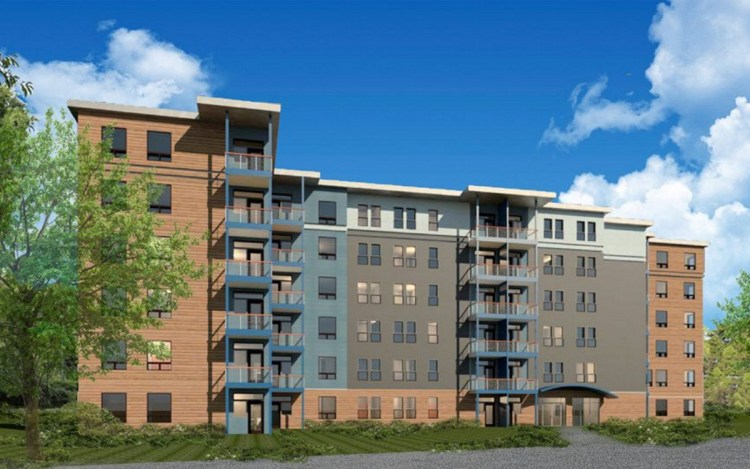 An artist's rendition shows one of four, six-story apartment buildings that South Portland developer Vincent Maietta plans to build at 450 Clark's Pond Parkway, near the Maine Mall.