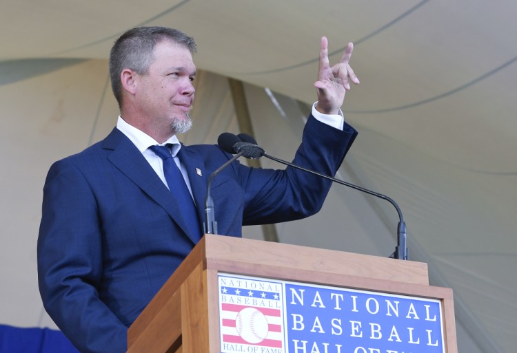 Former Atlanta Braves third baseman Chipper Jones was one of six players inducted Sunday into the Baseball Hall of Fame.