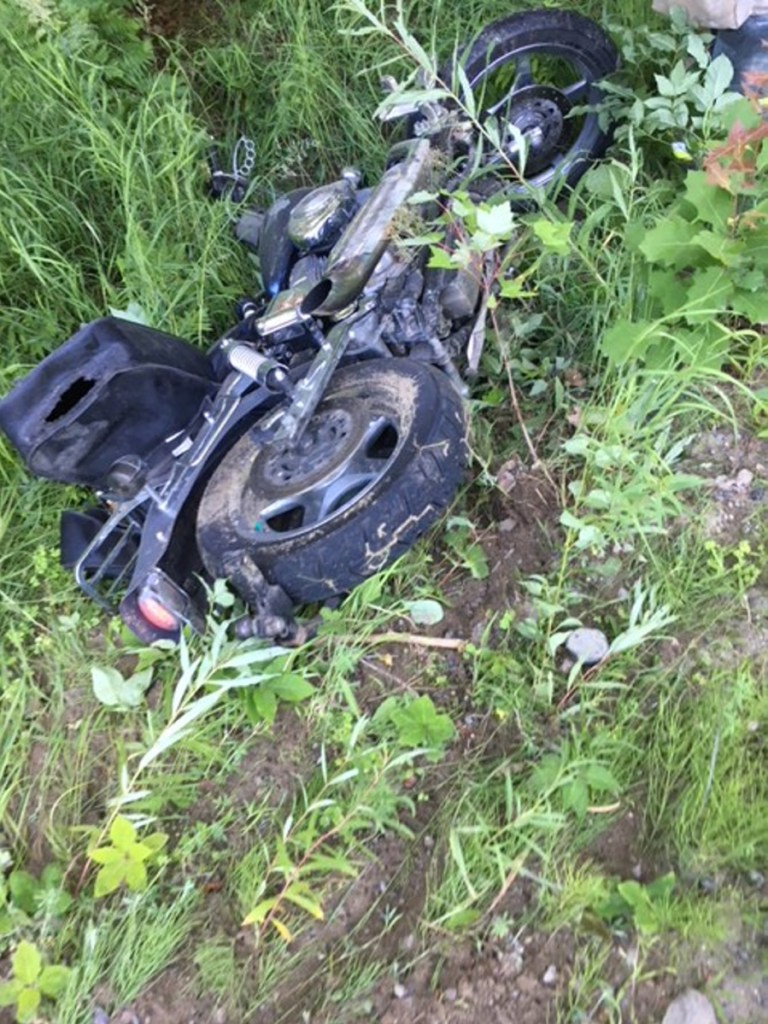 Anson resident David Gorey spent 11 hours lying injured outdoors in Anson after failing to follow a curve on Pease Hill Road while riding this Harley-Davidson motorcycle and crashing into the woods, according to police.