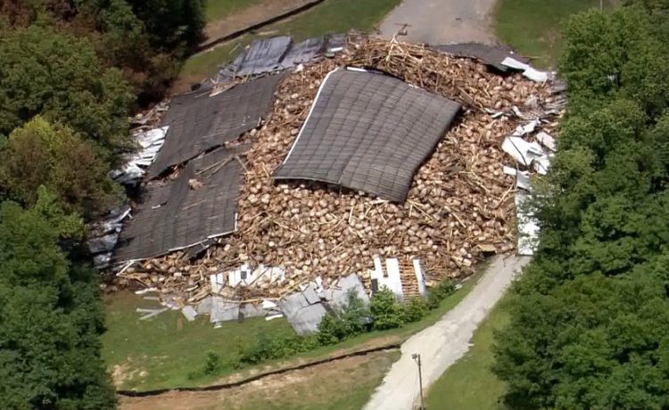Bourbon whisky lie in a heap Wednesday after the rest of a Barton 1792 Distillery warehouse collapsed in Bardstown, Kentucky – nearly two weeks after part of the decades-old structure came crashing down. 