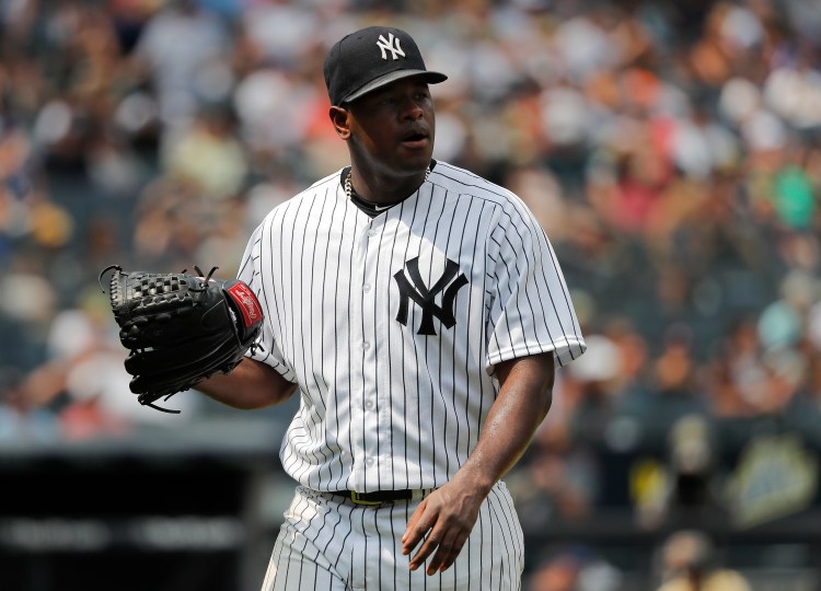 Yankees starting pitcher Luis Severino was pulled after allowing a two-run home run to Kansas City's Lucas Duda in the fifth inning on Saturday in New York. The Royals beat the Yankees 10-5.